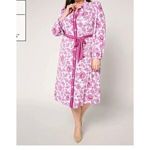 Susan Graver Floral Knit Button Front Collared Belted Gown Long Sleeve 2X